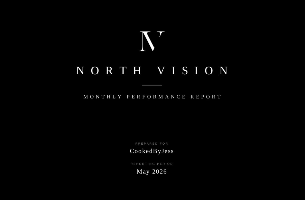 NORTH VISION monthly performance report cover prepared for CookedByJess